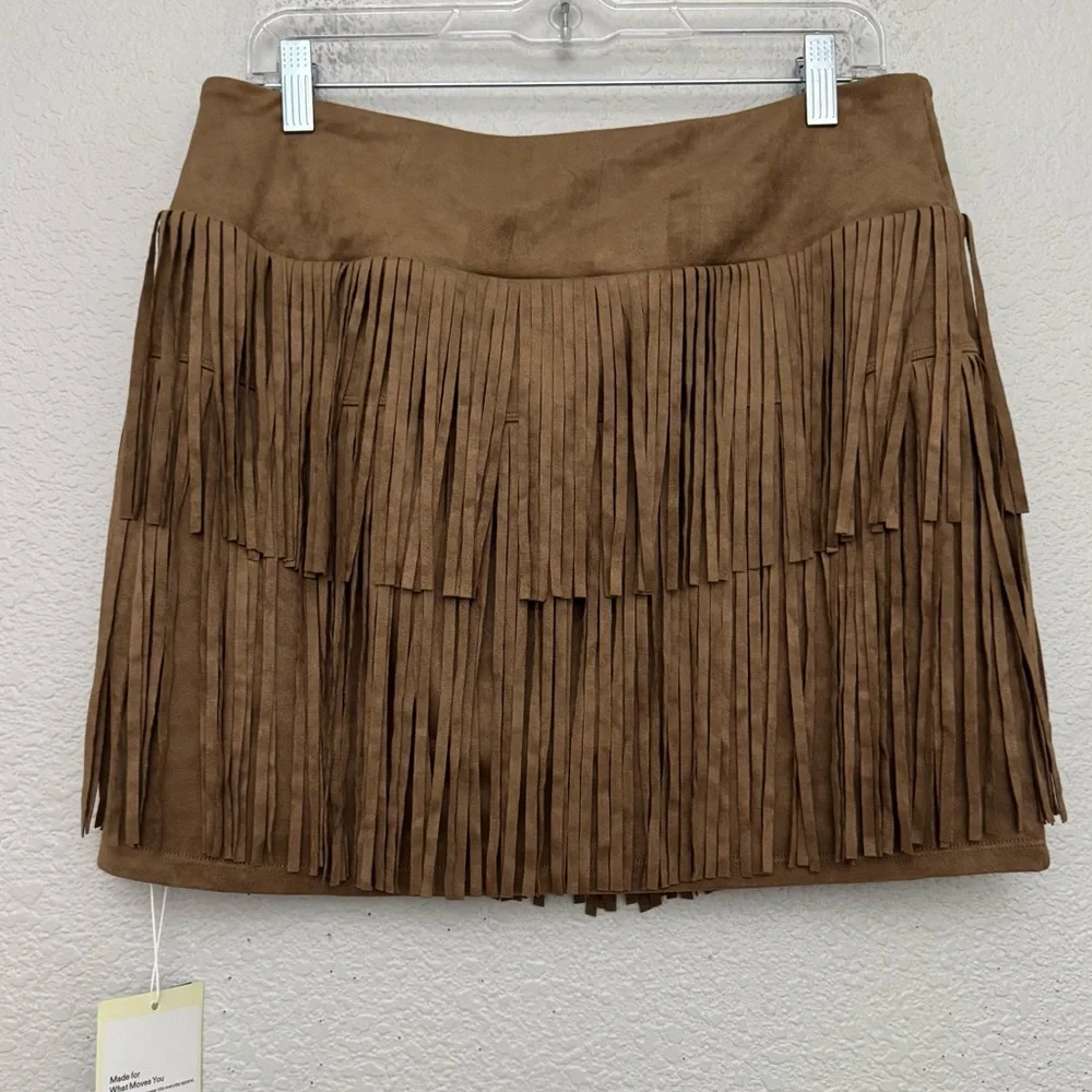 Halara Crossover High Waisted 2-in-1 Fringe Hem Bodycon Mini Skirt Faux Suede L - Picture 5 of 8